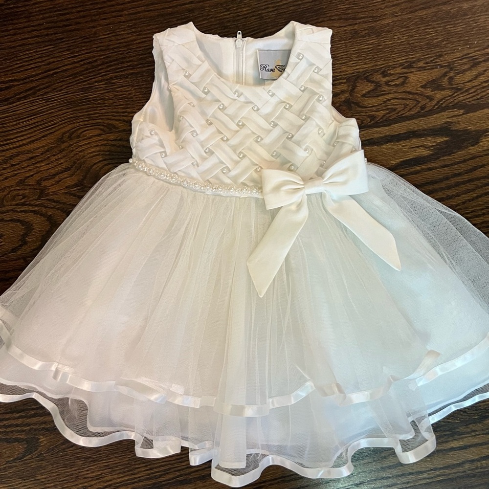 Baptism or Flower Girl 18 mo White Kids Dress with Bow